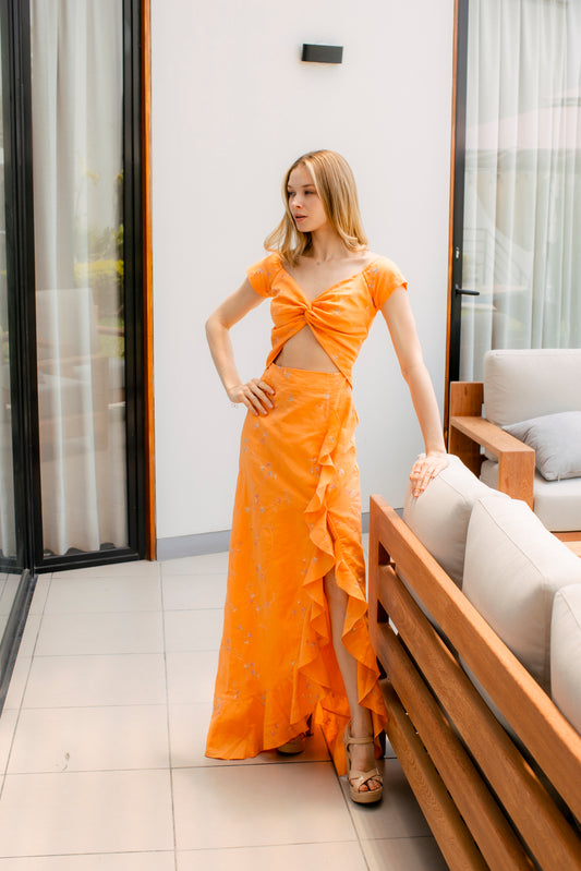 Vestido Hanadi Naranja Lino Bordado Limited Edition