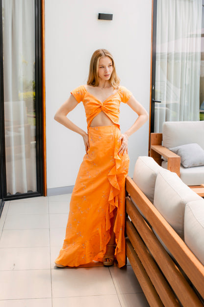 Vestido Hanadi Naranja Lino Bordado Limited Edition