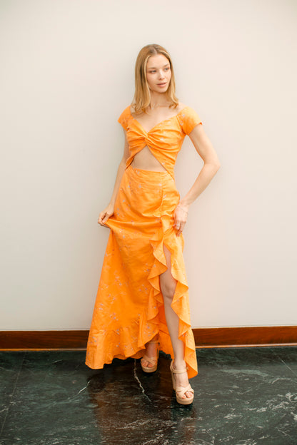 Vestido Hanadi Naranja Lino Bordado Limited Edition